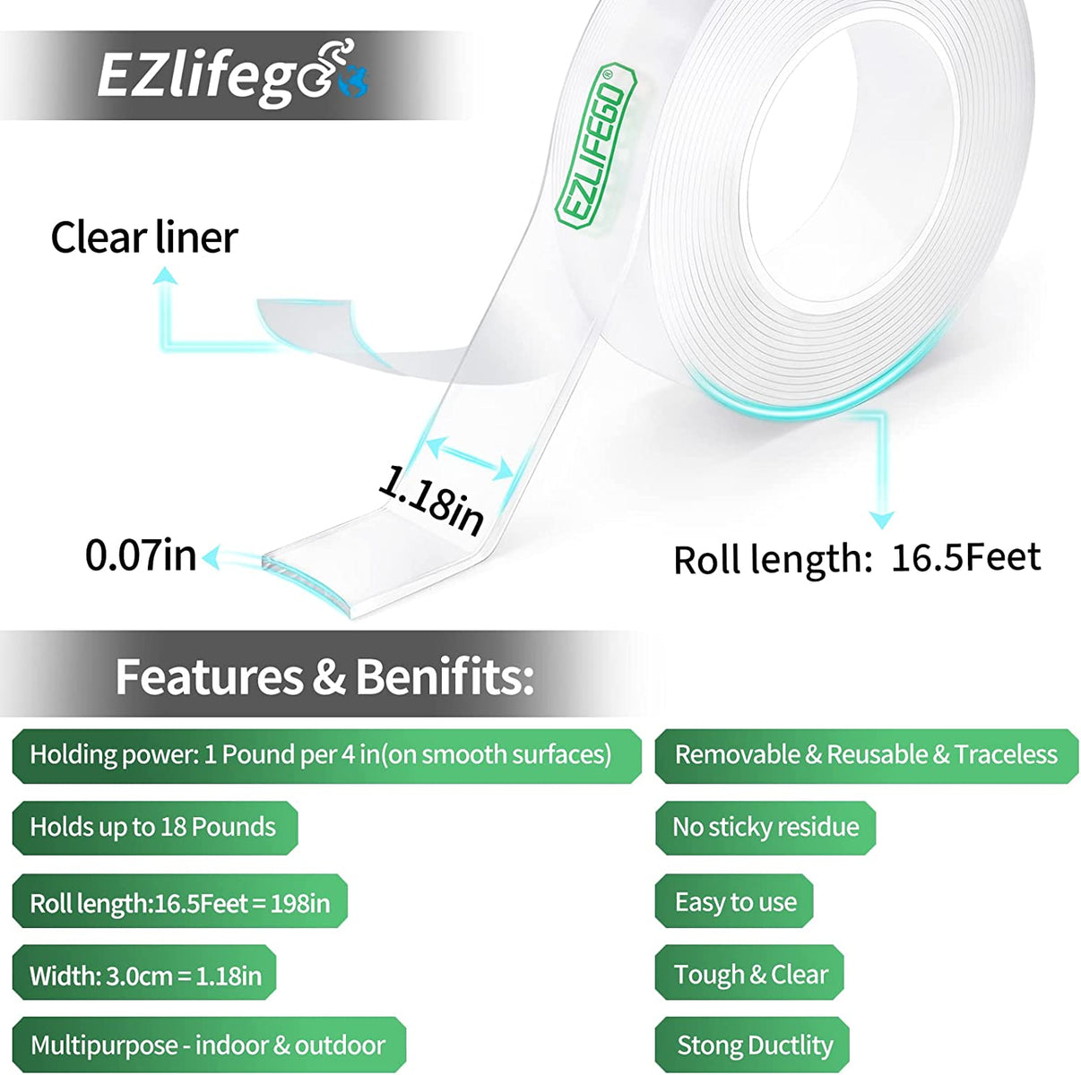 EZlifego Double Sided Tape Heavy Duty for Household (16.5FT) EZlifego
