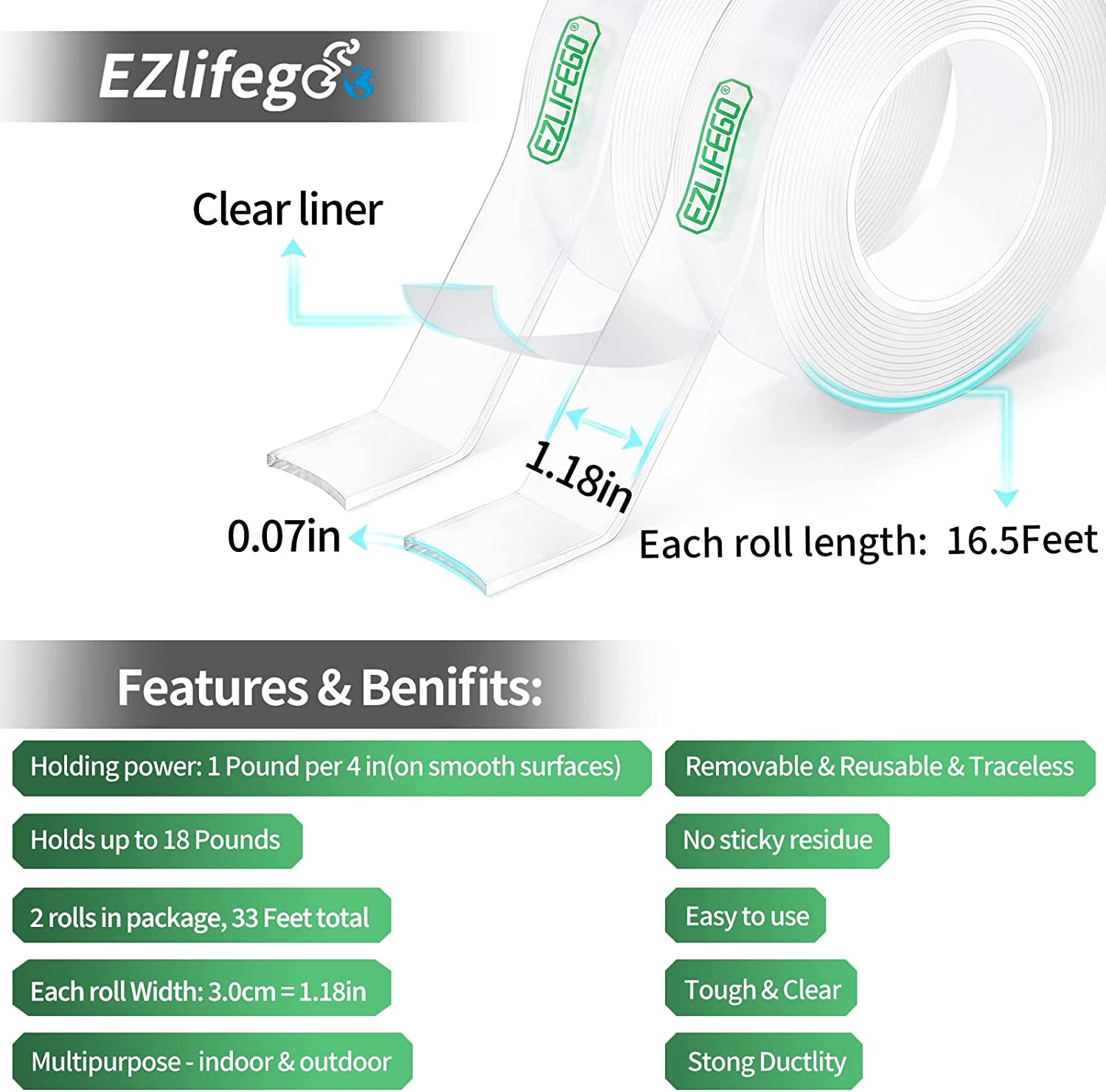 EZlifego Double Sided Tape for Household (Pack of 2, Total 33FT