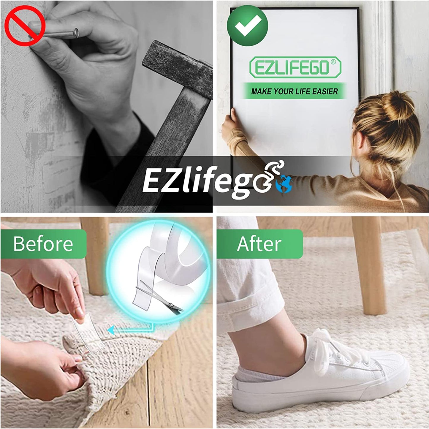 Ezlifego Double Sided Tape Heavy Duty(Extra Large Pack of 2 Total 396 inch) Nano Double Sided Adhesive Tape Clear Mounting Tape Picture Hanging Strip