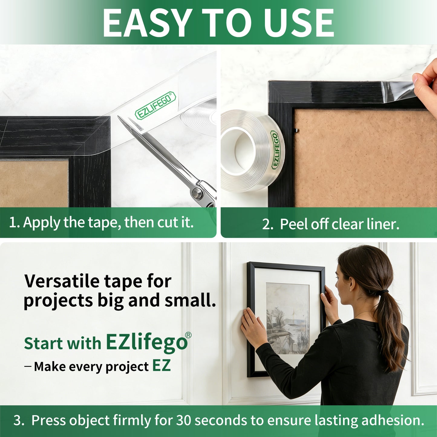 EZlifego Double Sided Tape Heavy Duty(Extra Large, Pack of 2, Total 396 Inch), Nano Double Sided Adhesive Tape, Clear Mounting Tape Picture Hanging Strips, Removable Wall Tape Sticky Poster Tape Decor Visit the EZlifego Store