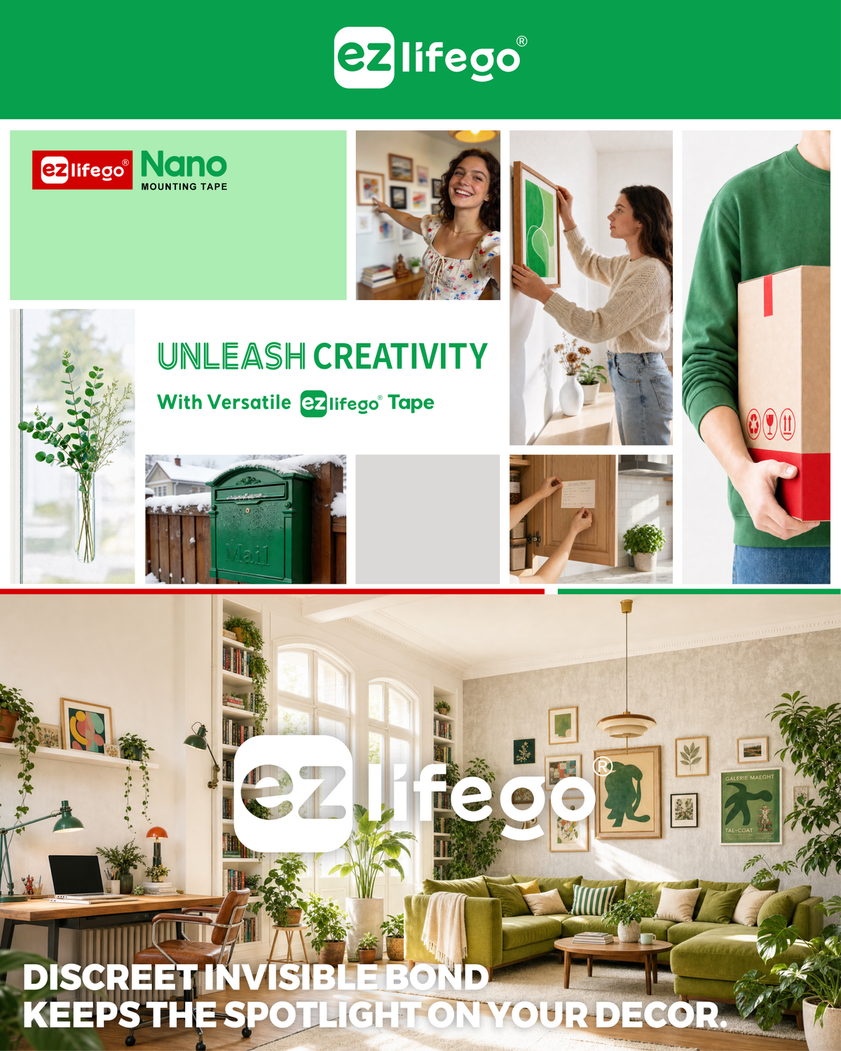 EZlifego Heavy Duty Invisible Bond Nano Double Sided Mounting Tape, 2-Pack 396 inch Extra-Large, Nano-Tech, Holds up to 72lbs, All-Purpose, Instant Hold, Industrial-Strength, Indoor & Outdoor Decor
