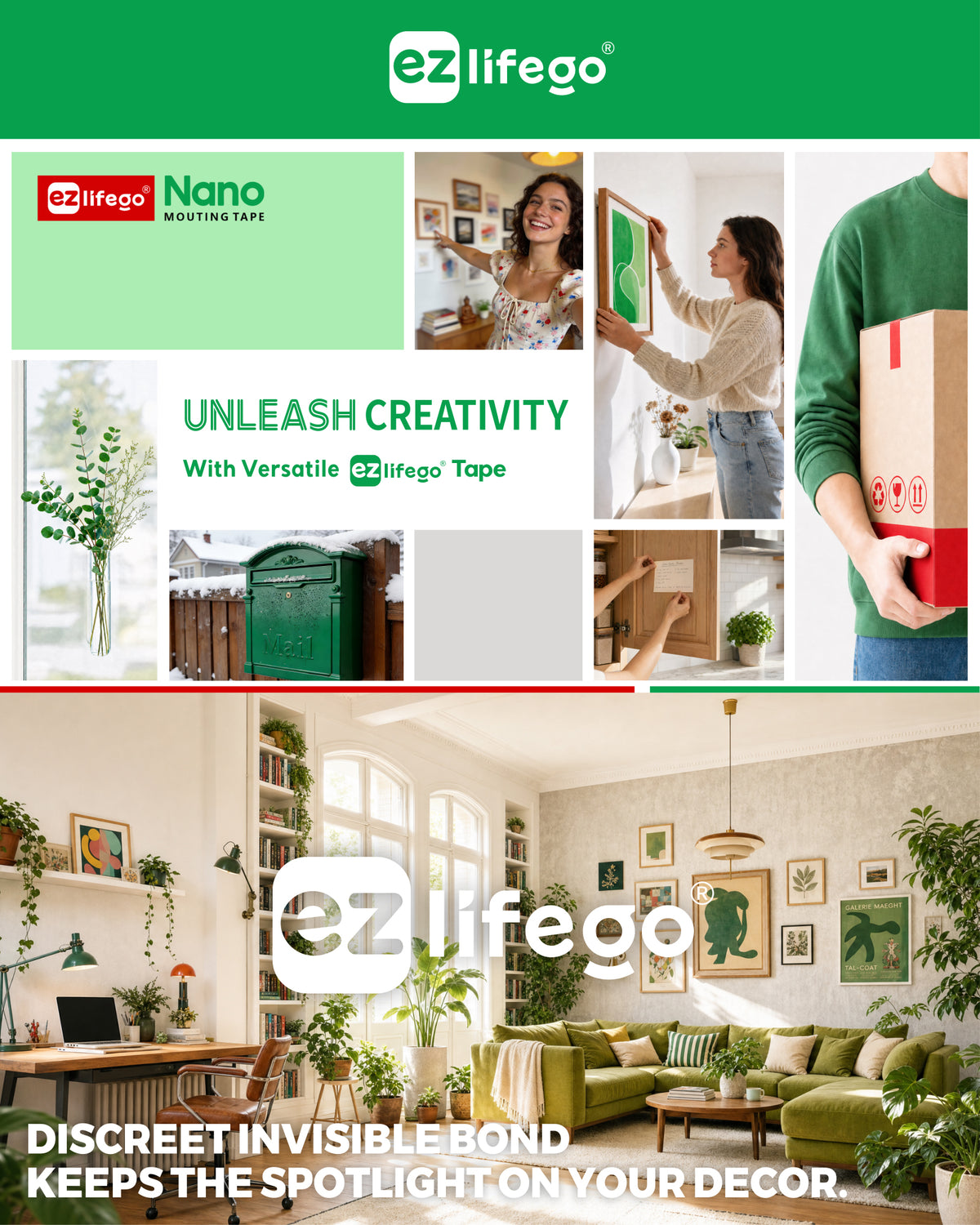 EZlifego Heavy Duty Invisible Bond Nano Double Sided Mounting Tape, 2-Pack 396 inch Extra-Large, Nano-Tech, Holds up to 72lbs, All-Purpose, Instant Hold, Industrial-Strength, Indoor & Outdoor Decor