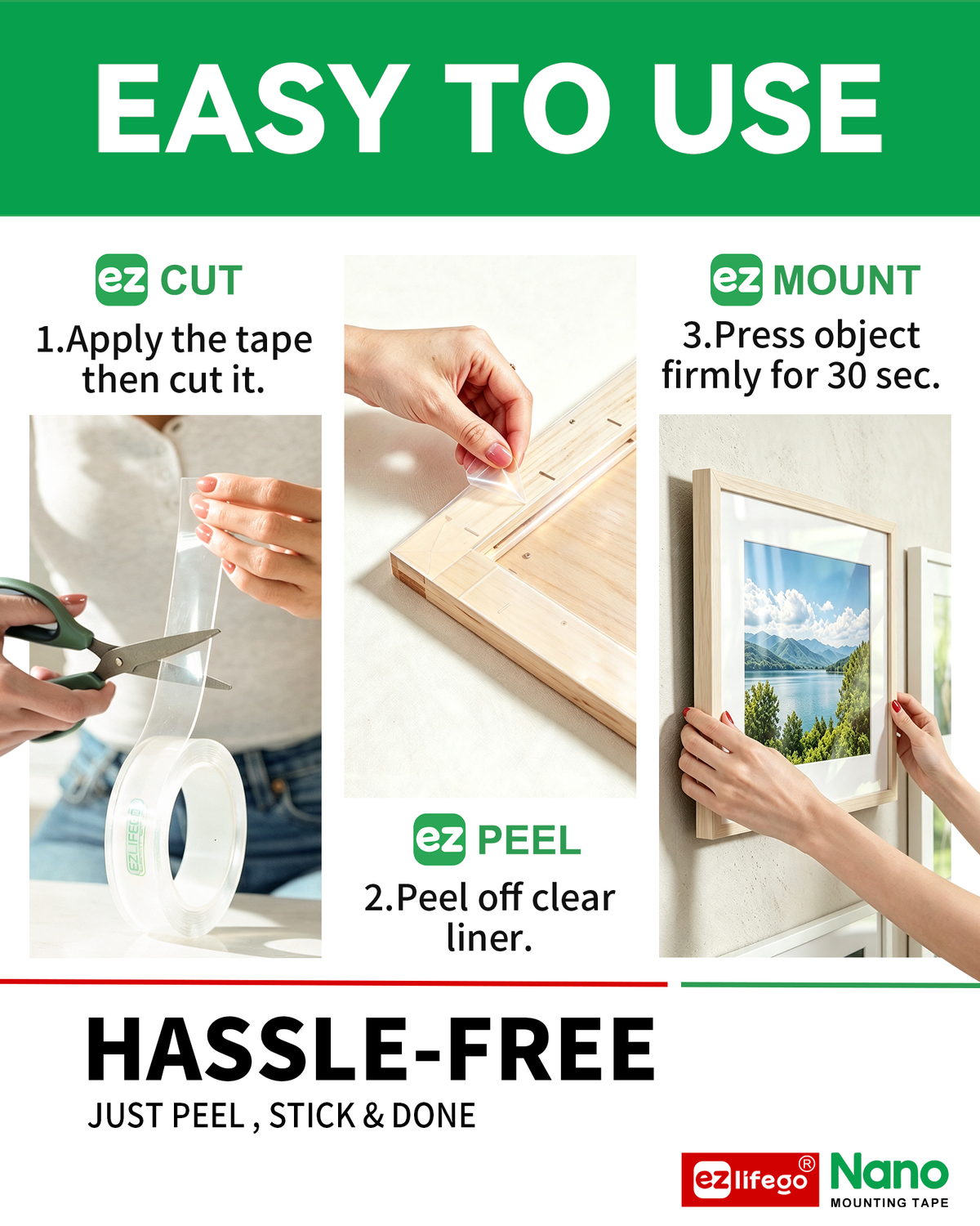 EZlifego Heavy Duty Invisible Bond Nano Double Sided Mounting Tape, 2-Pack 396 inch Extra-Large, Nano-Tech, Holds up to 72lbs, All-Purpose, Instant Hold, Industrial-Strength, Indoor & Outdoor Decor