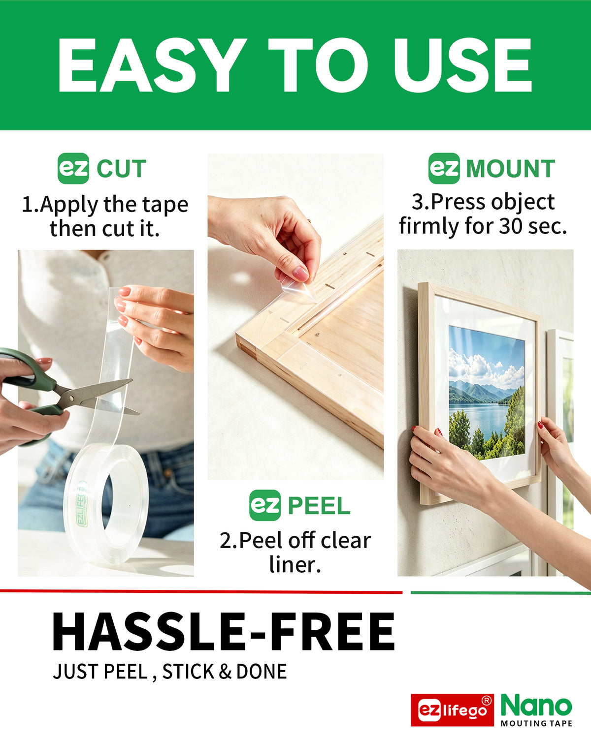EZlifego Heavy Duty Invisible Bond Nano Double Sided Mounting Tape, 2-Pack 396 inch Extra-Large, Nano-Tech, Holds up to 72lbs, All-Purpose, Instant Hold, Industrial-Strength, Indoor & Outdoor Decor