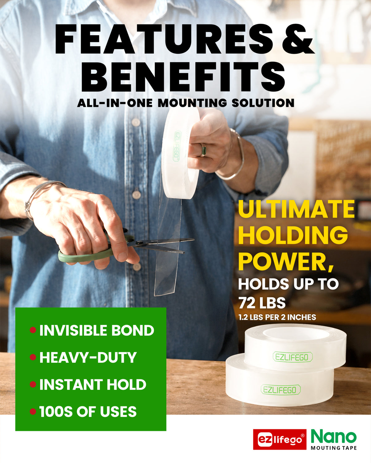 EZlifego Heavy Duty Invisible Bond Nano Double Sided Mounting Tape, 2-Pack 396 inch Extra-Large, Nano-Tech, Holds up to 72lbs, All-Purpose, Instant Hold, Industrial-Strength, Indoor & Outdoor Decor