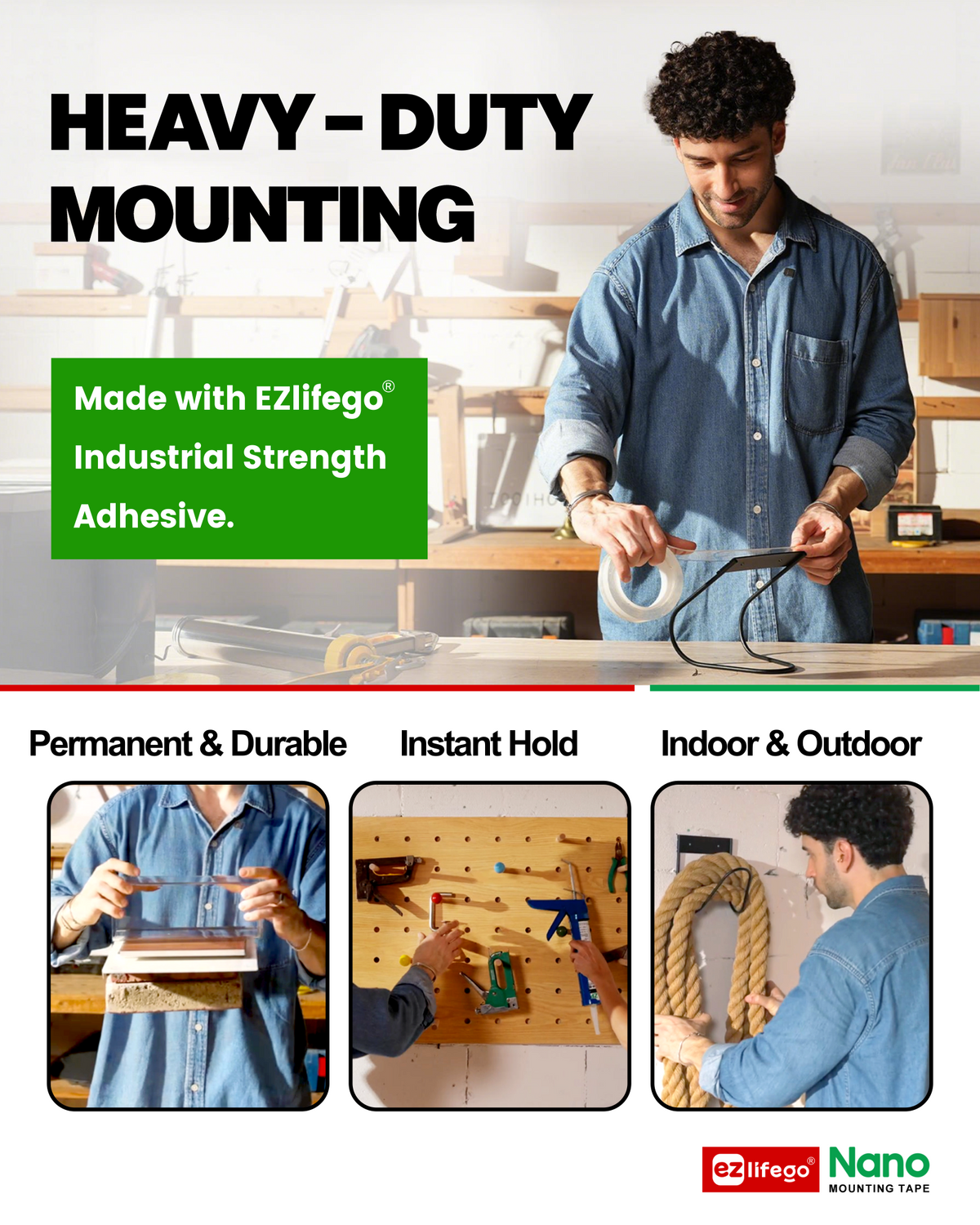 EZlifego Heavy Duty Invisible Bond Nano Double Sided Mounting Tape, 2-Pack 396 inch Extra-Large, Nano-Tech, Holds up to 72lbs, All-Purpose, Instant Hold, Industrial-Strength, Indoor & Outdoor Decor